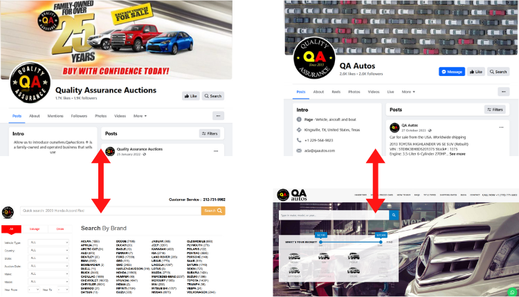 A collage image showing Qa Auction and Qa Autos websites and Facebook pages.