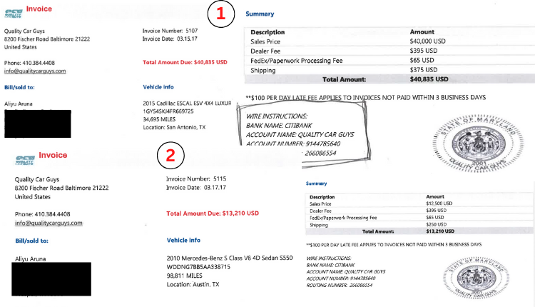 Invoice Quality Car Guys sent to Aliyu.