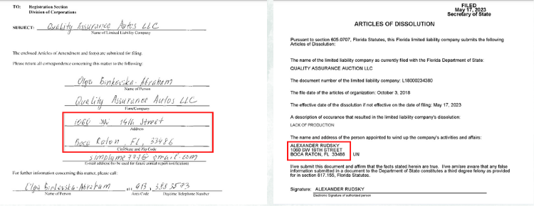 Caption: A collage image showing Qa Auction and Qa Autos using the same street address. Source: Florida Department of State Division of Corporation website