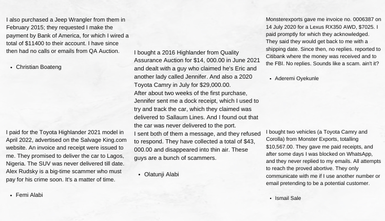 Collage of complaints posted by victims of Rudsky on the consumer websites