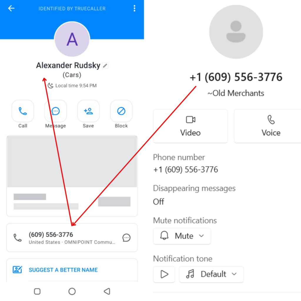 Screenshots captured from the Old Merchants WhatsApp account and Truecaller identifying the owner of the number