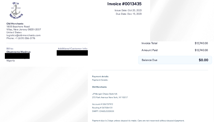 Screenshot from invoice sent to Obumneme