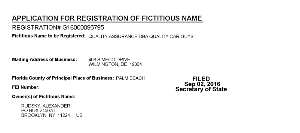 Screenshot showing DBA filed by Rudsky. Source: Florida Department of State