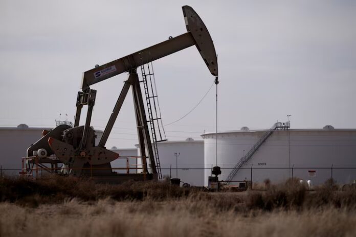 A pumpjack operates at the Vermilion Energy site in Trigueres, France